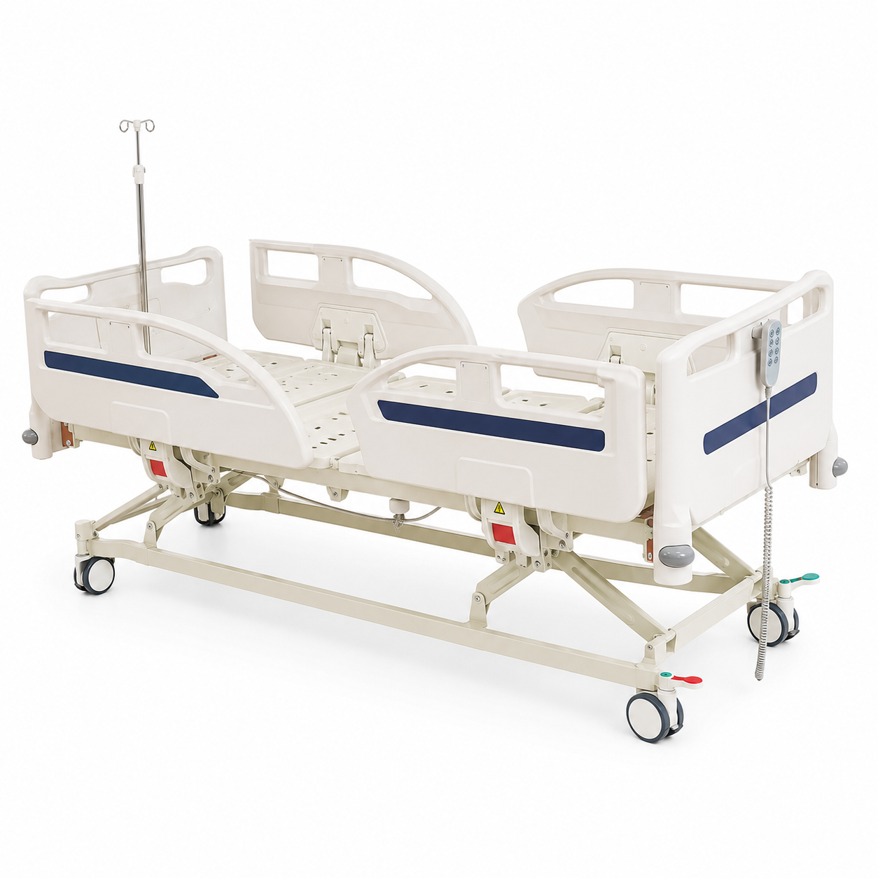 Cama de hospital el&eacute;ctrica de tres funciones con cabecera azul